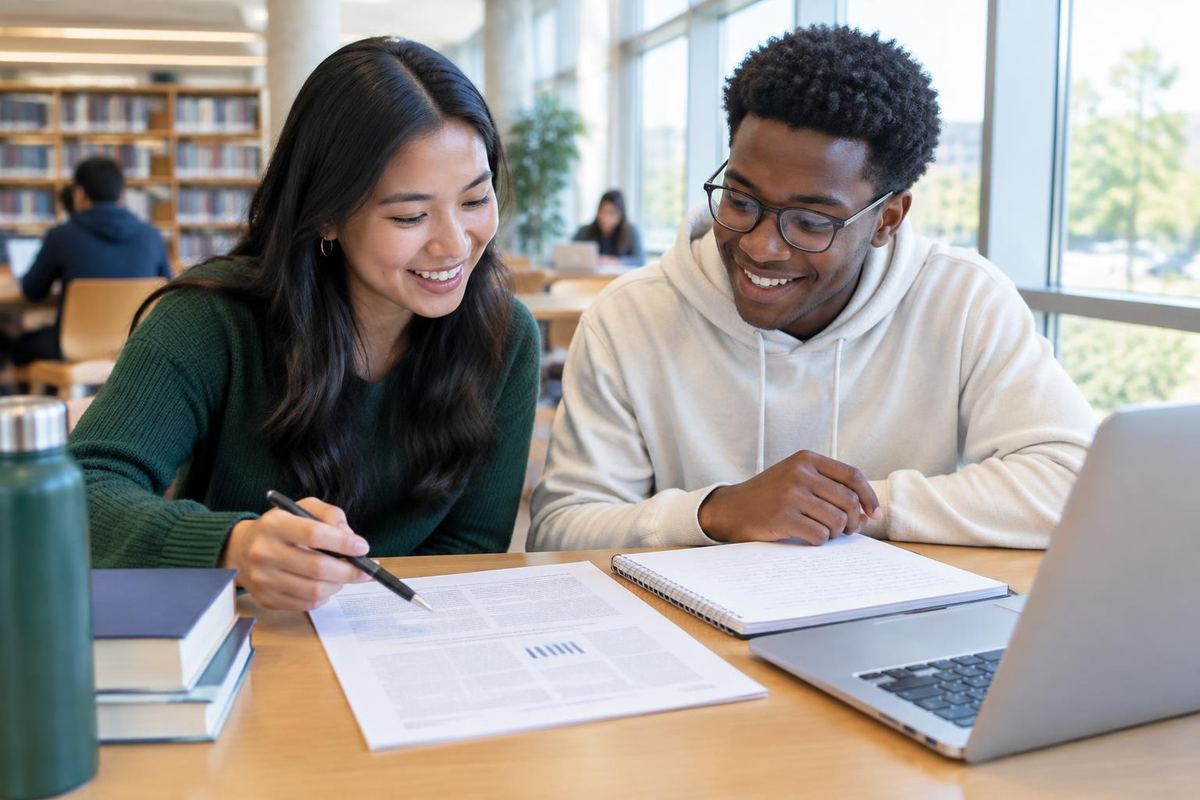 University students reviewing research together in a library